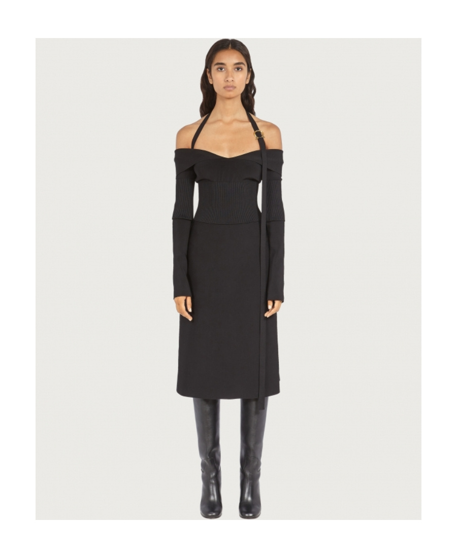 Ferragamo Knit Midi Dress With Gancini Buckle In Black