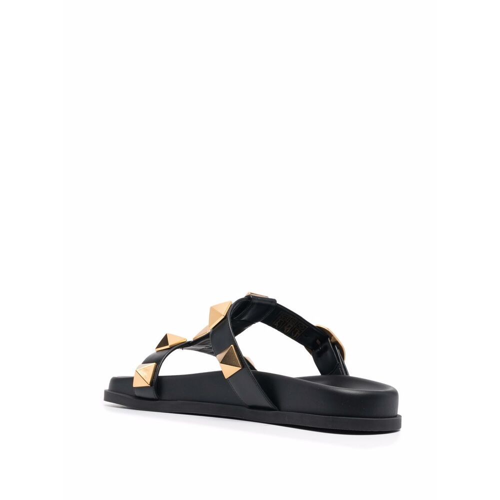 Valentino Roman Stud Leather Slides In Black
