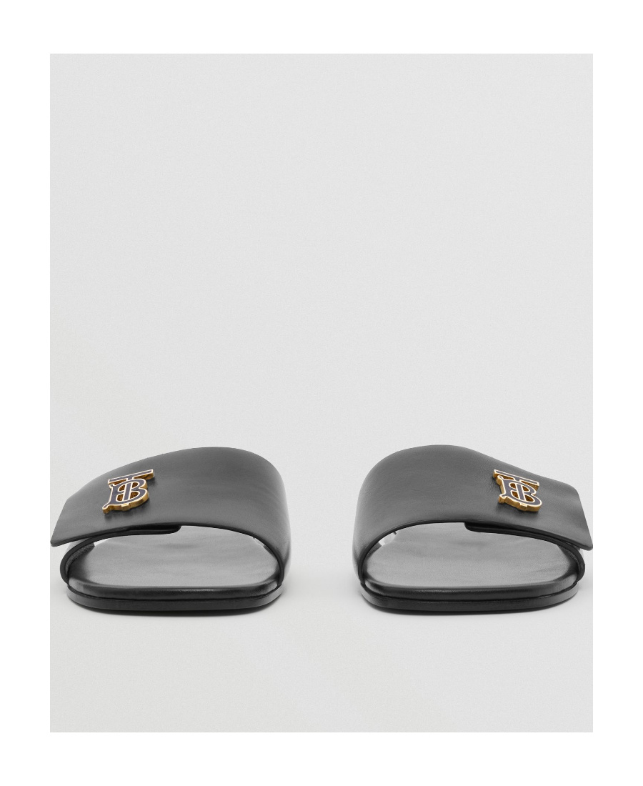 Burberry Monogram Plaque Leather Sandals In Black