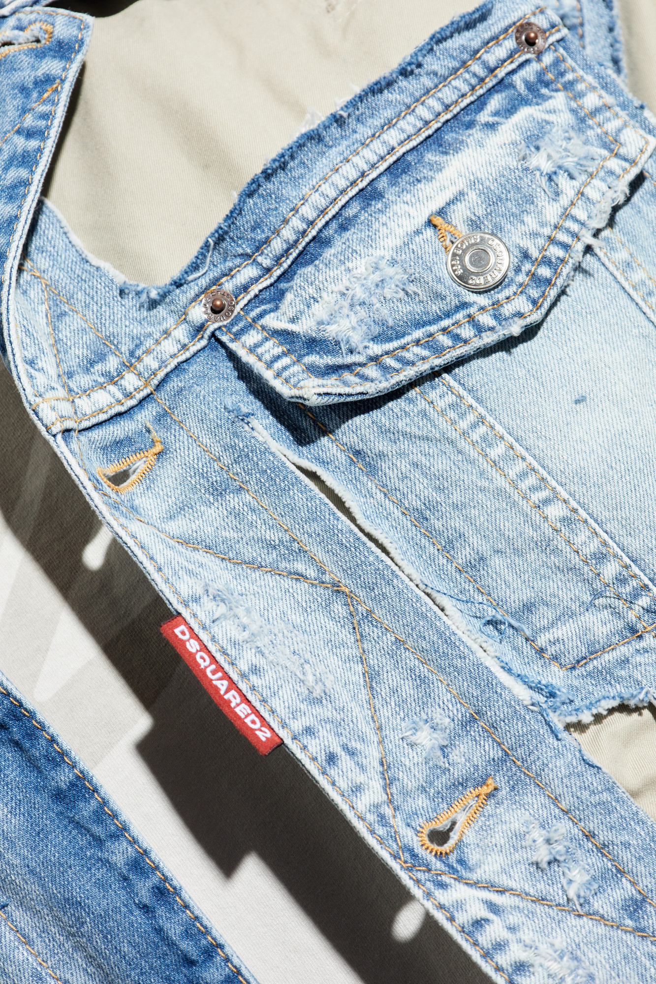 Dsquared2 Blue & Beige Super Ripped Mixed Denim Jacket In Nude