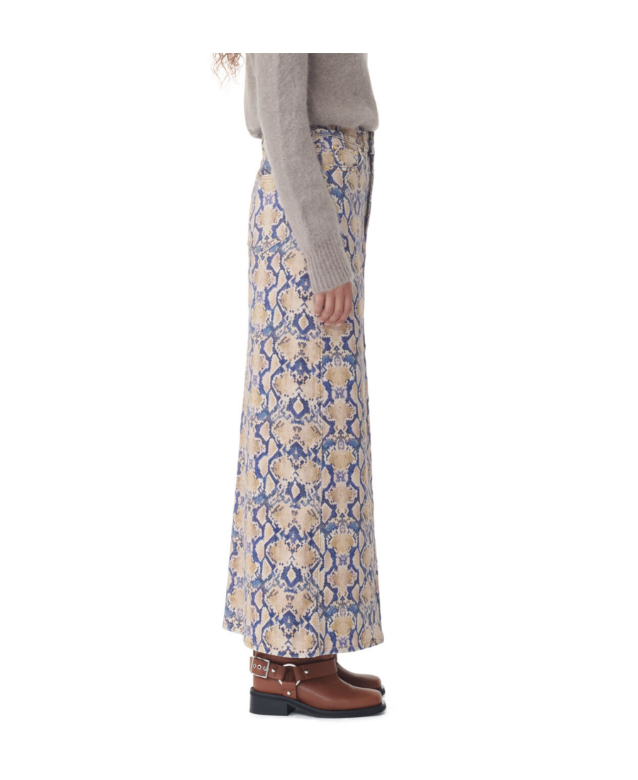 Ganni Iry Snake-print Denim Maxi Skirt In Nude