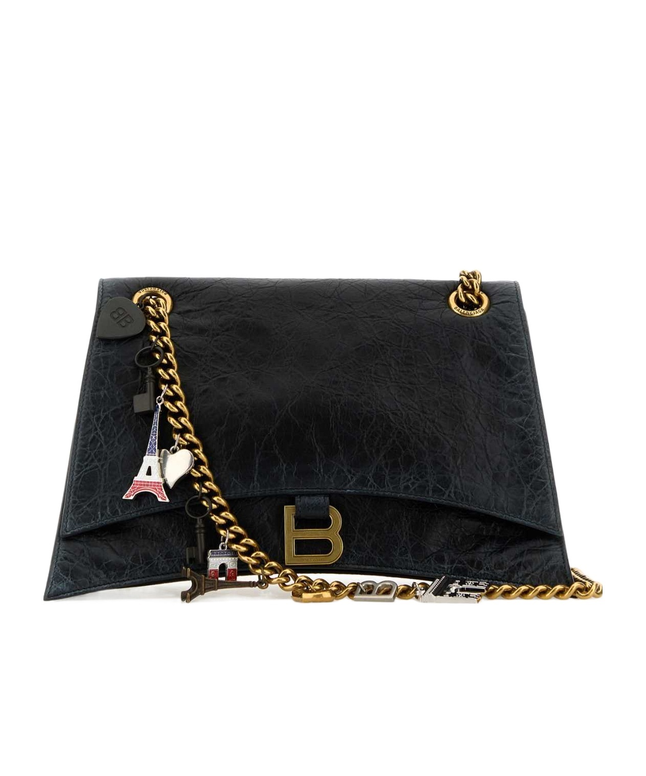 Balenciaga Black Leather Medium Crush Chain Shoulder Bag In Black
