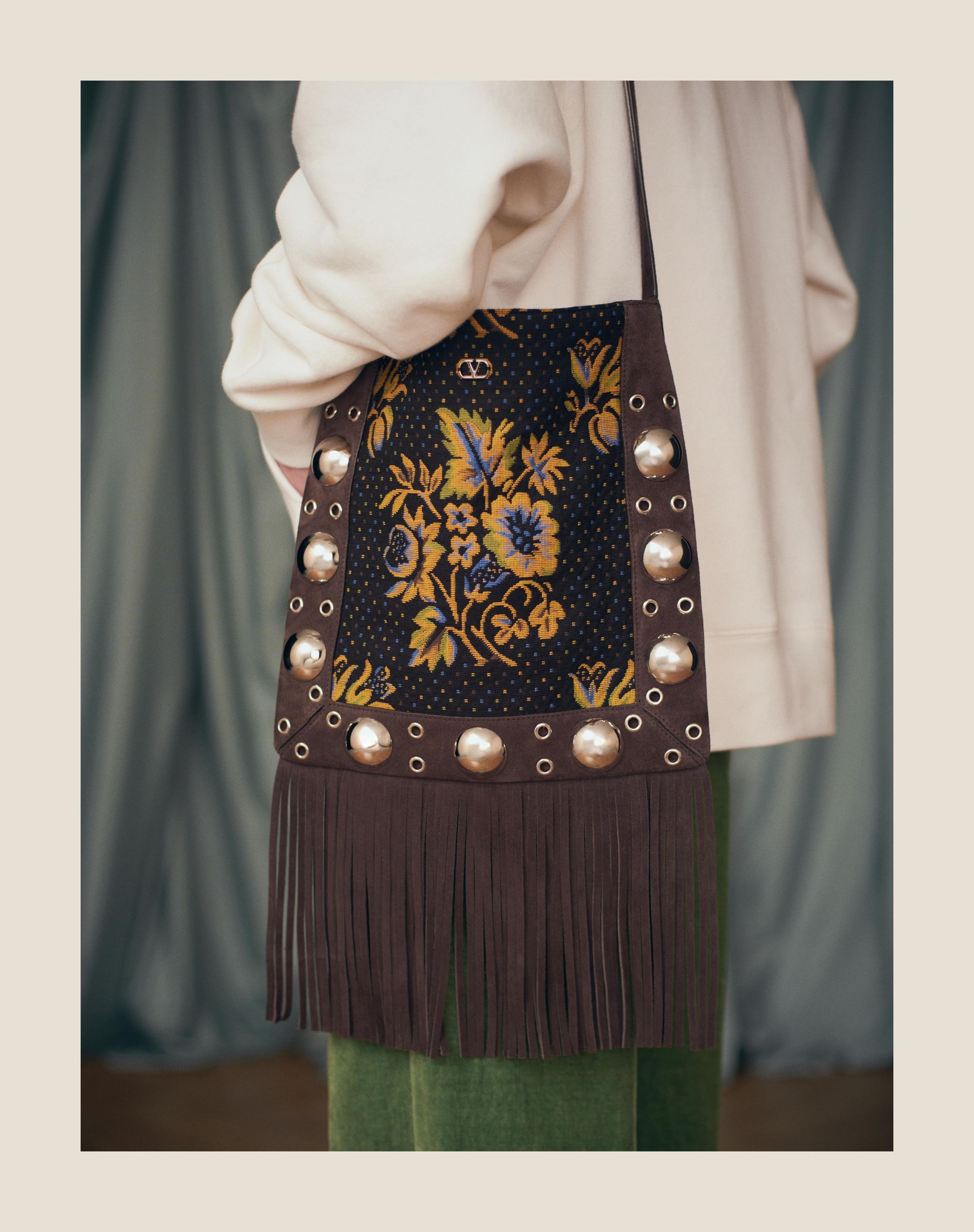 Valentino Nellcote Jacquard Fringed Crossbody Bag In Black