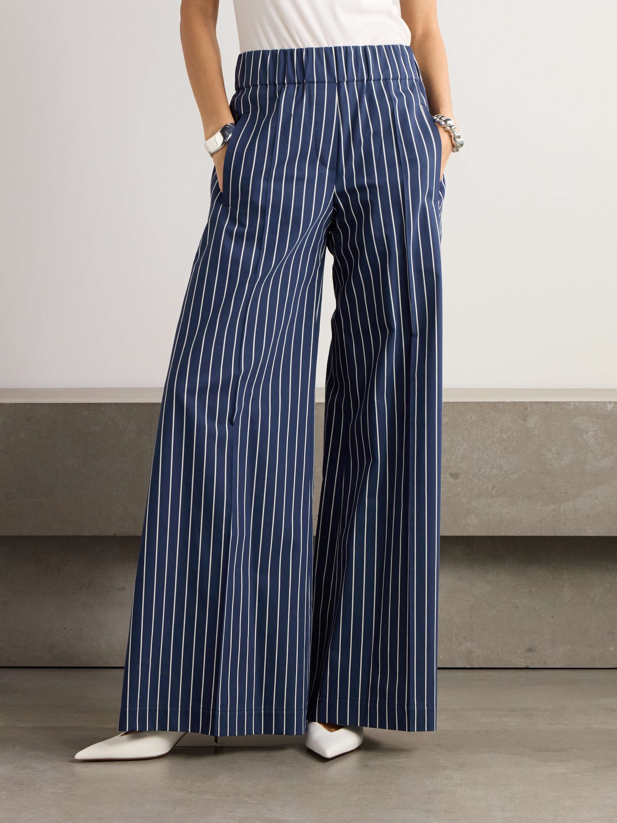 Brunello Cucinelli Striped Cotton And Silk-blend Twill Wide-leg Pants In Blue