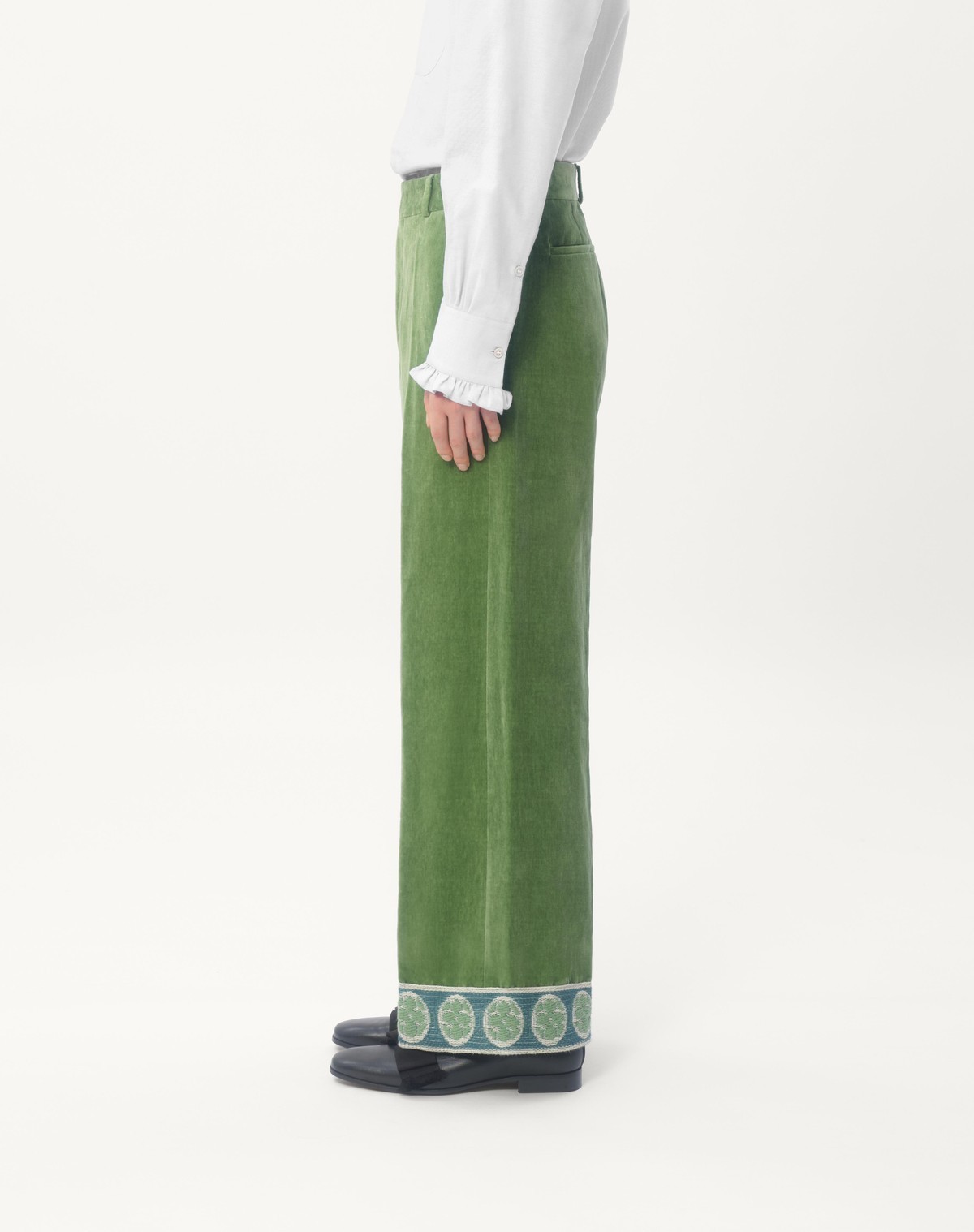 Valentino Garavani Velvet Trousers With Jacquard Hem In Green