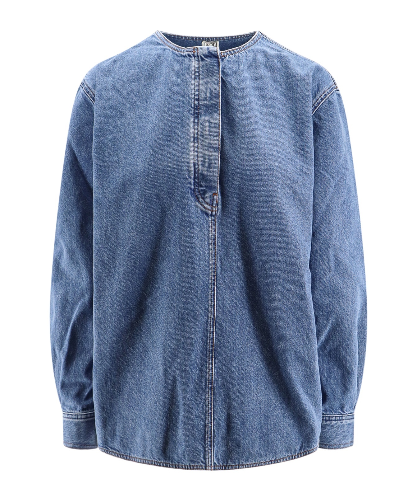 Shop Totême Collarless Denim Shirt In Blue