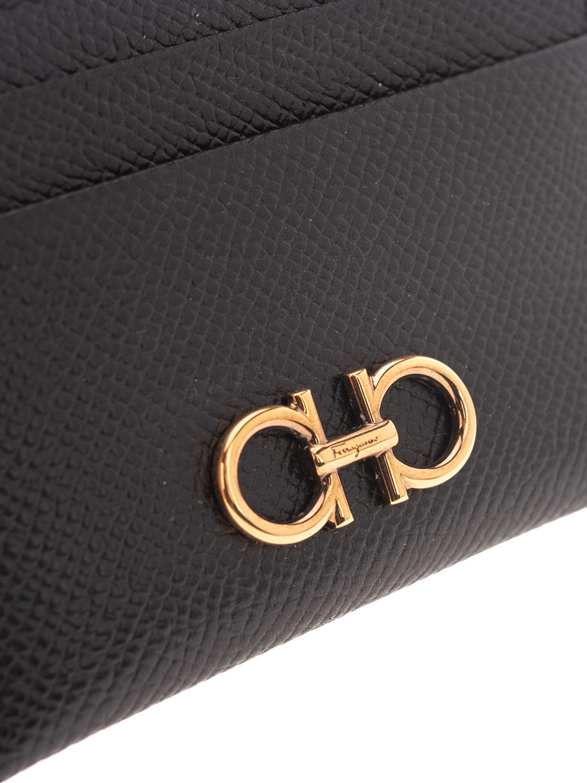 Ferragamo Black Card-holder With Gancini Detail In Hammered Leather Woman In Black