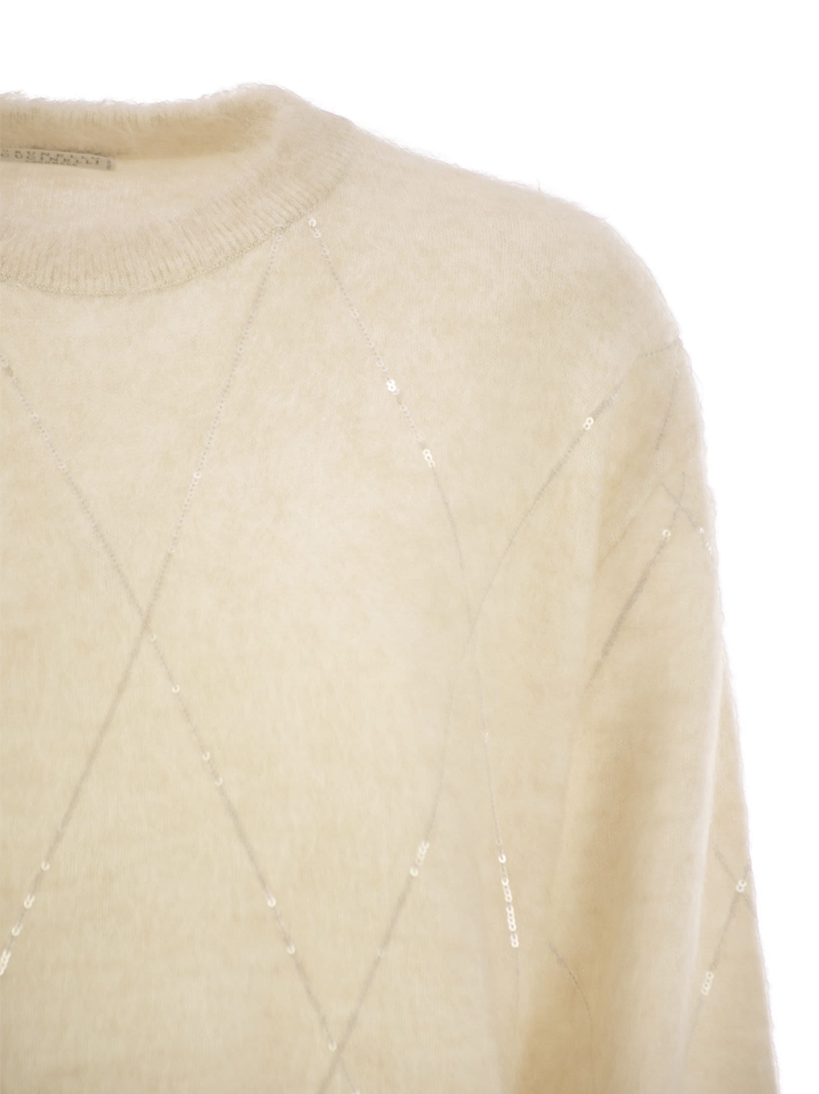 Brunello Cucinelli Women's Mohair, Wool, Cashmere And Silk Sweater With Dazzling Argyle Embroidery In Nude