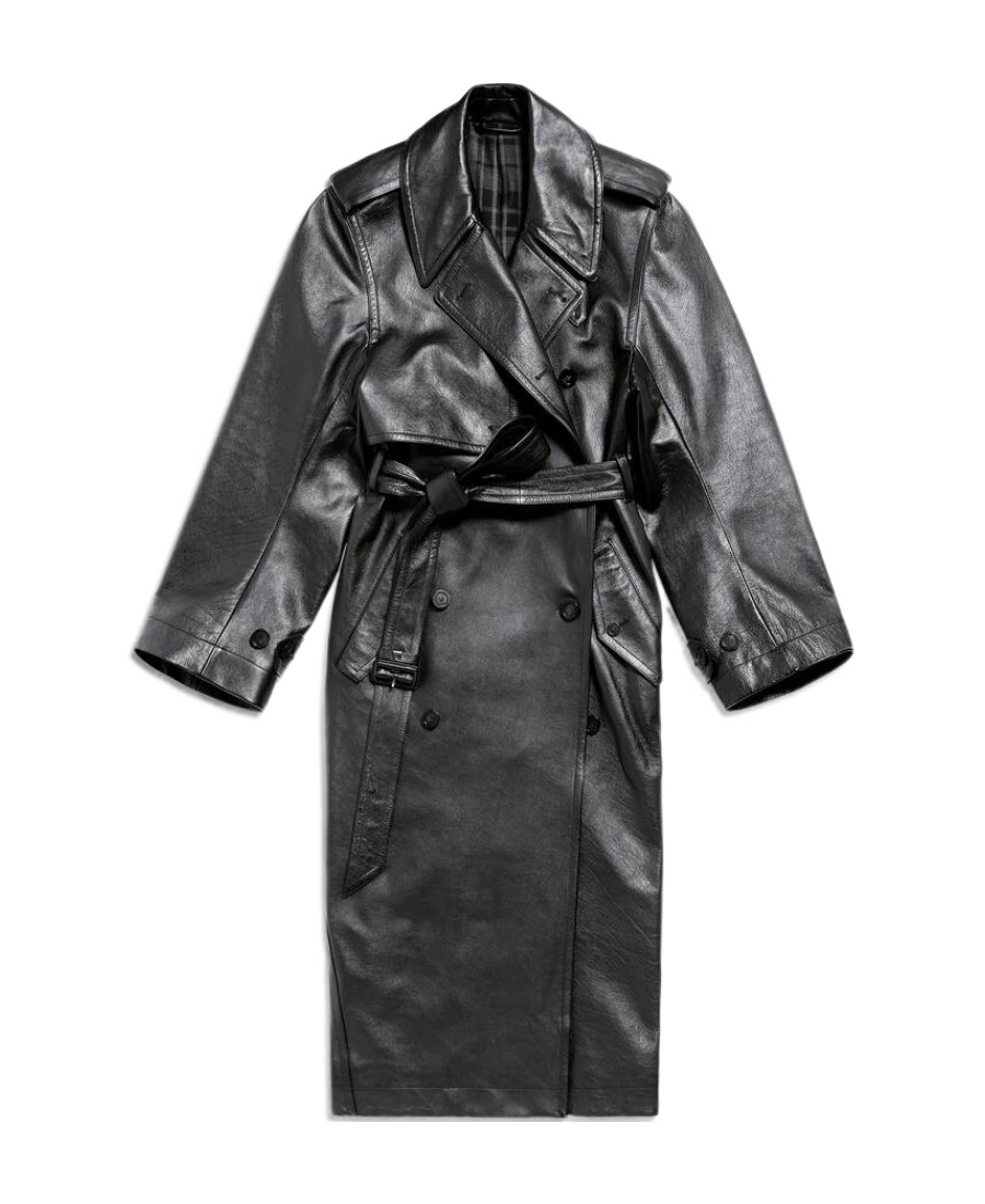 Balenciaga Notched-lapels Leather Trench Coat In Black