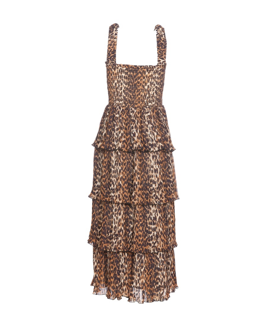 Ganni + Net Sustain Pleated Smocked Leopard-print Recycled-georgette Midi Dress In Brown