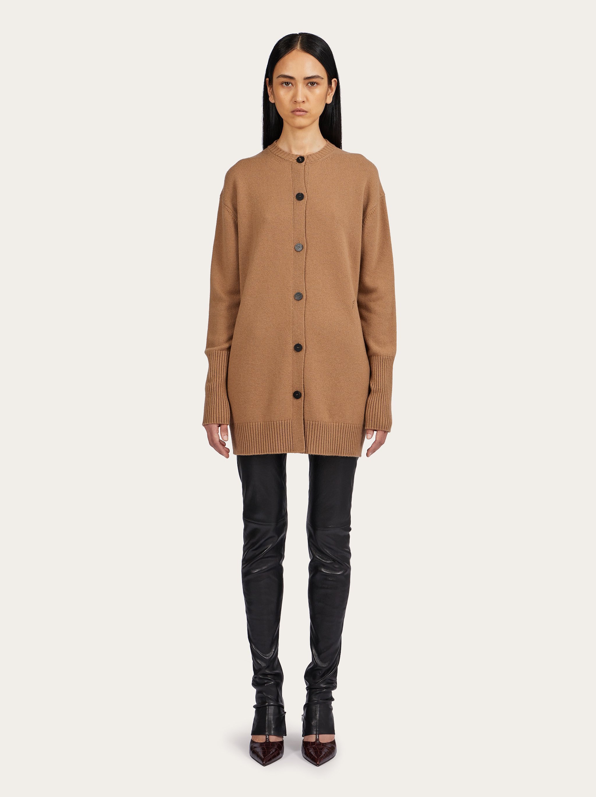 Shop Ferragamo Ribbed Knit Cardigan Dress In Brown