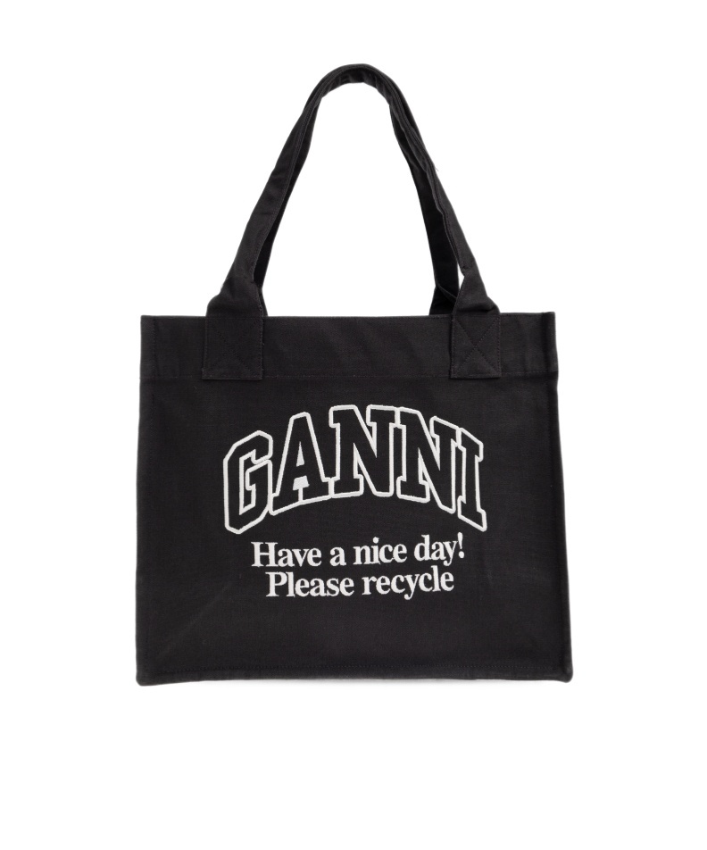 Ganni Women Black Shopper With Embroidered Logo On The Front In Denim Woman In Black