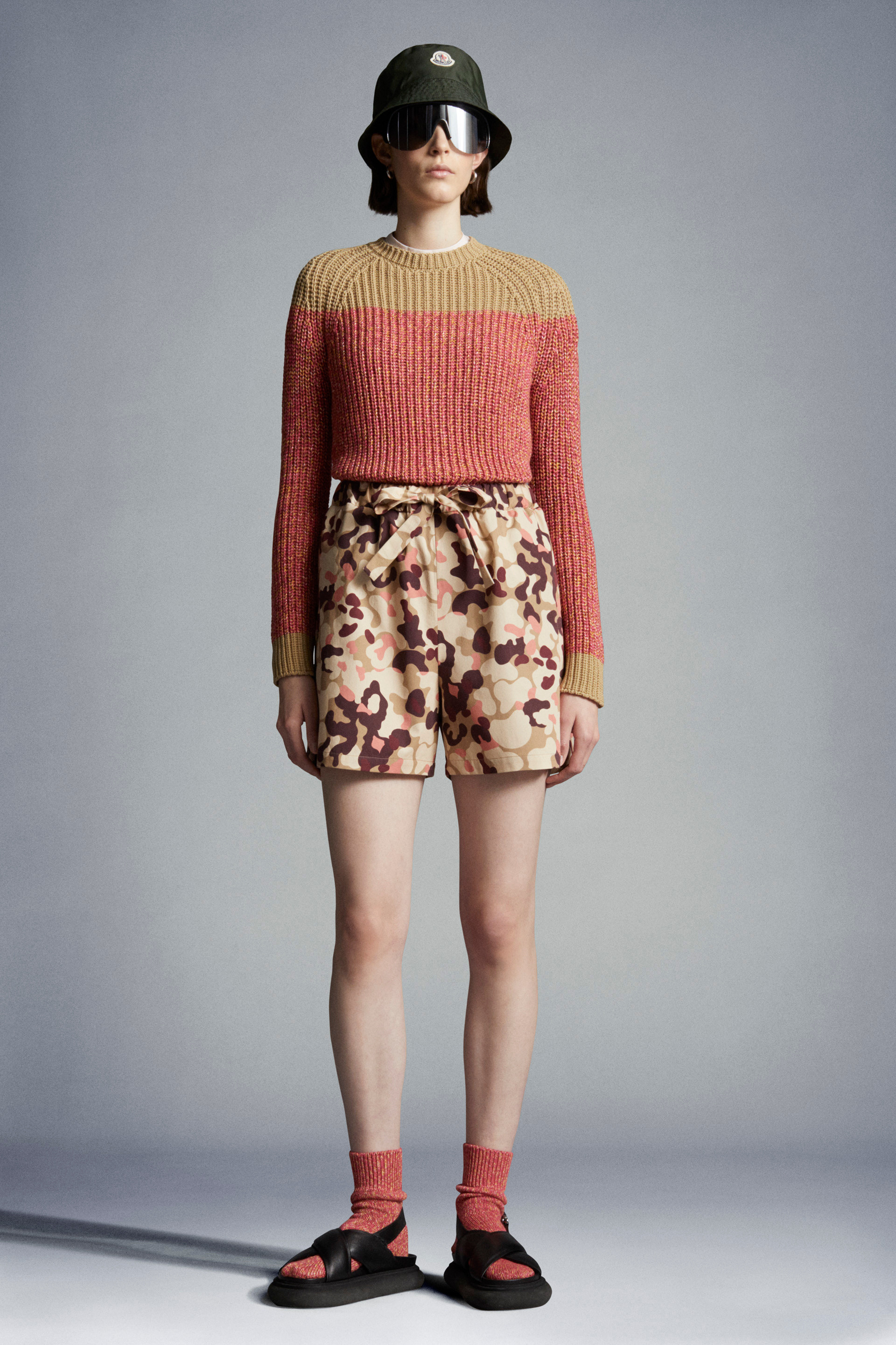 Moncler Tie-waist Camouflage-print Shorts In Nude