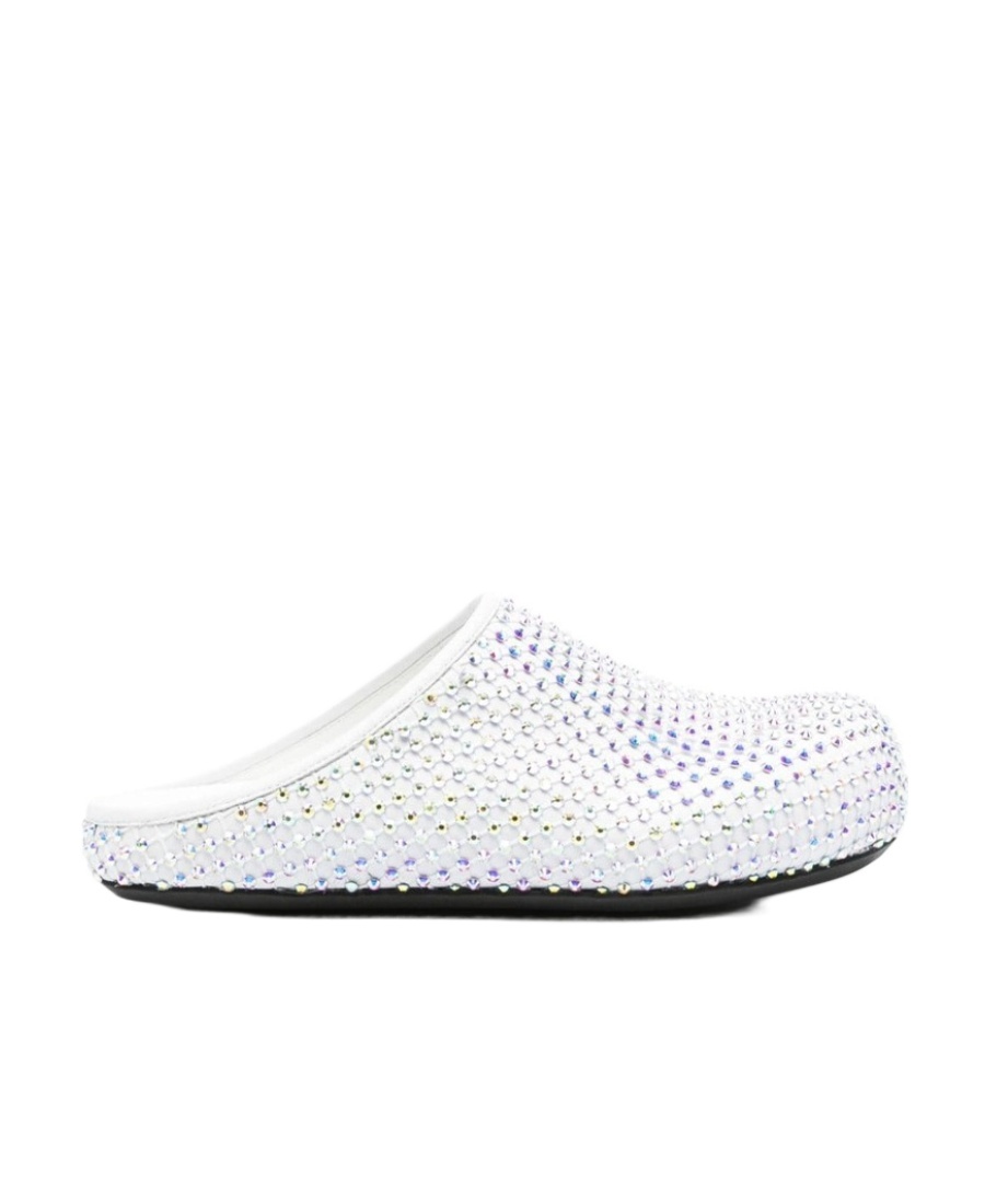 Marni Glass-crystals Leather Slippers In White