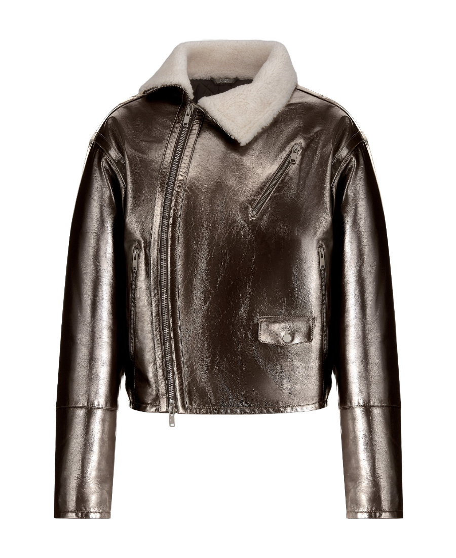 Dior Long-sleeved Leather Jacket With Wool Collar In Brown