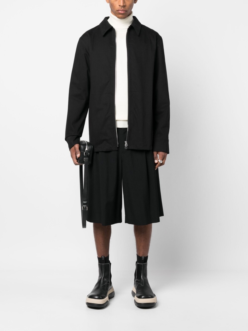 Jil Sander Minimalist Zippered Wool Overshirt In Black