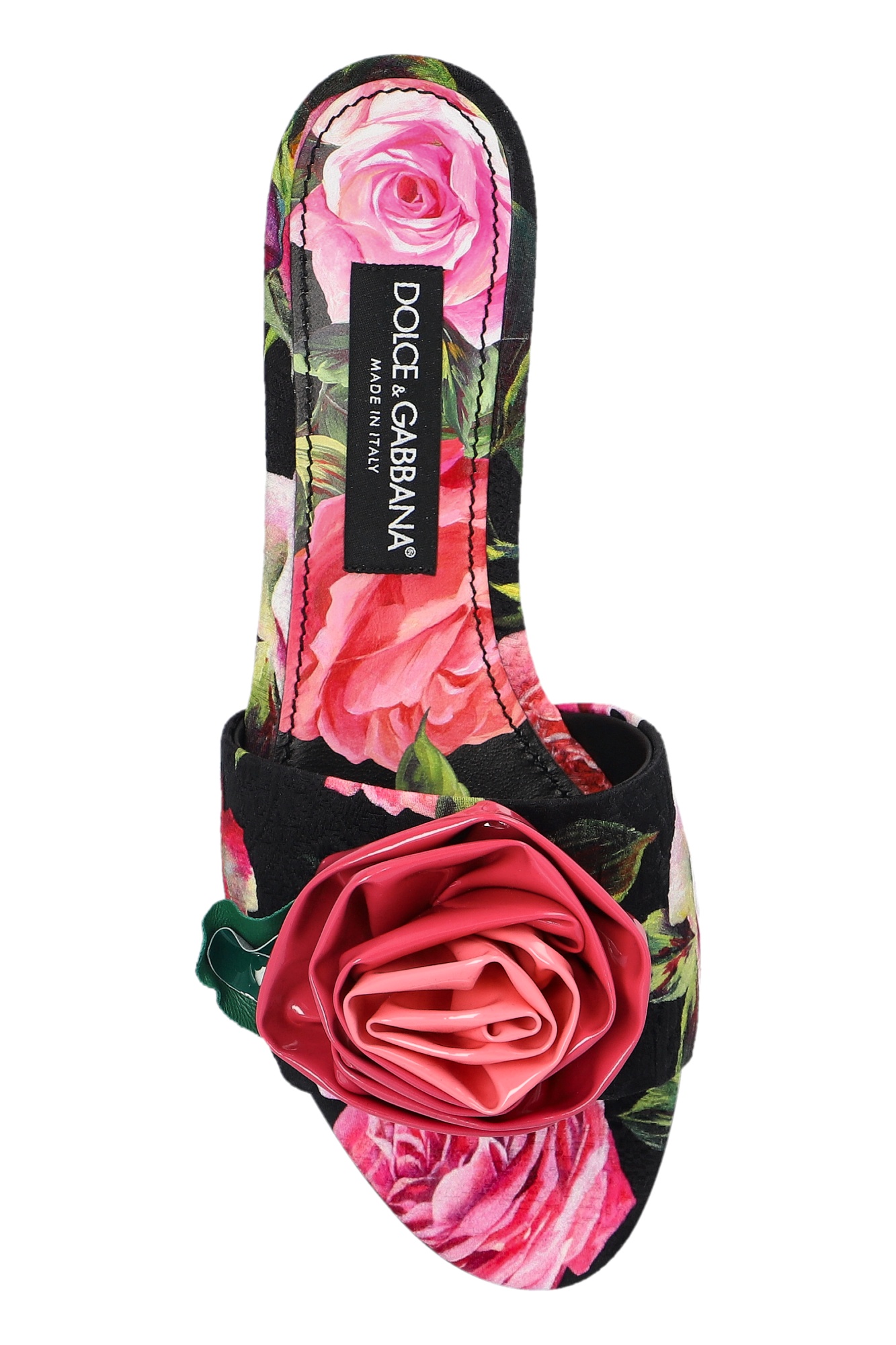 Dolce & Gabbana Rose Embellished Printed Flat Sandals In Black