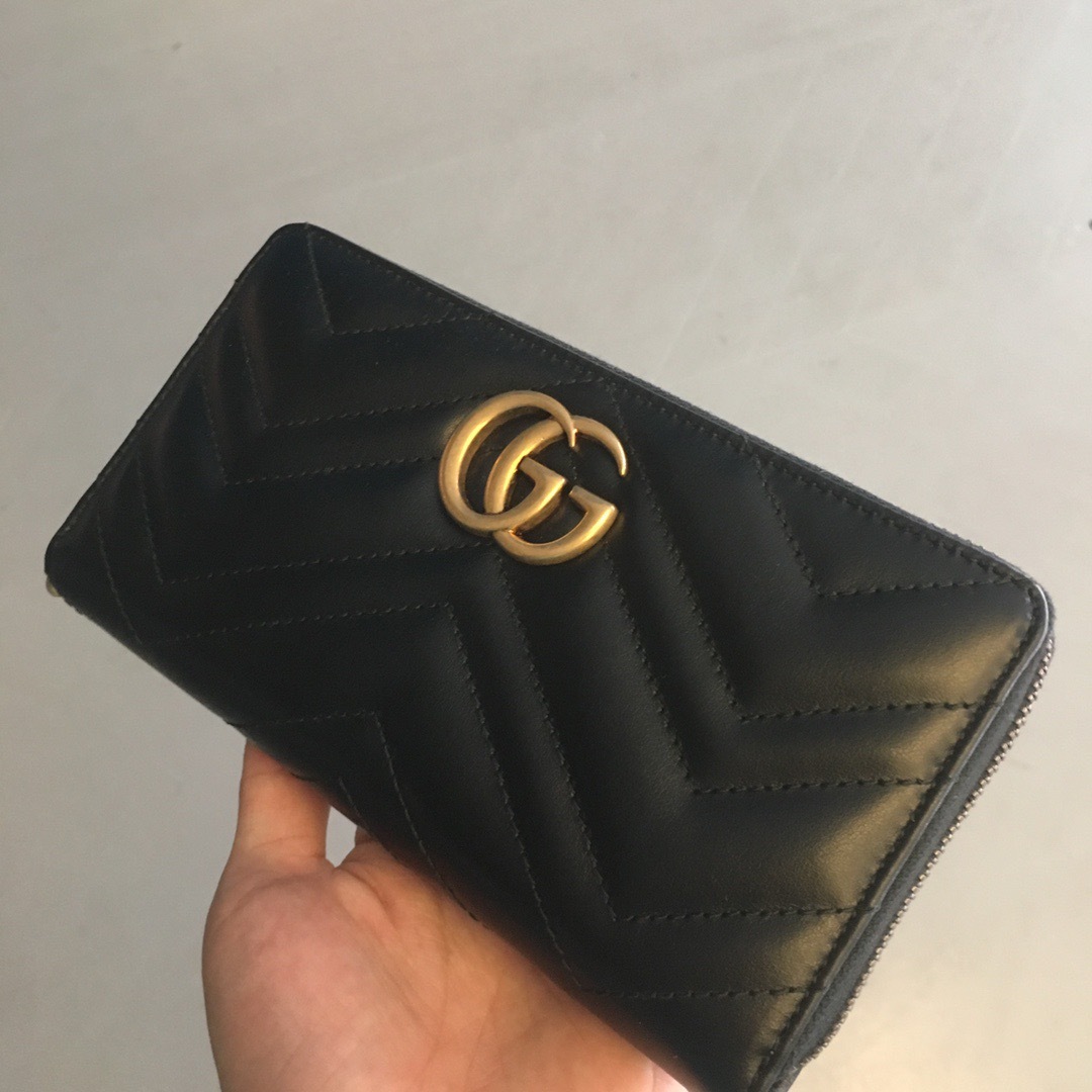 Gucci Black Leather Marmont Gg Wallet In Black