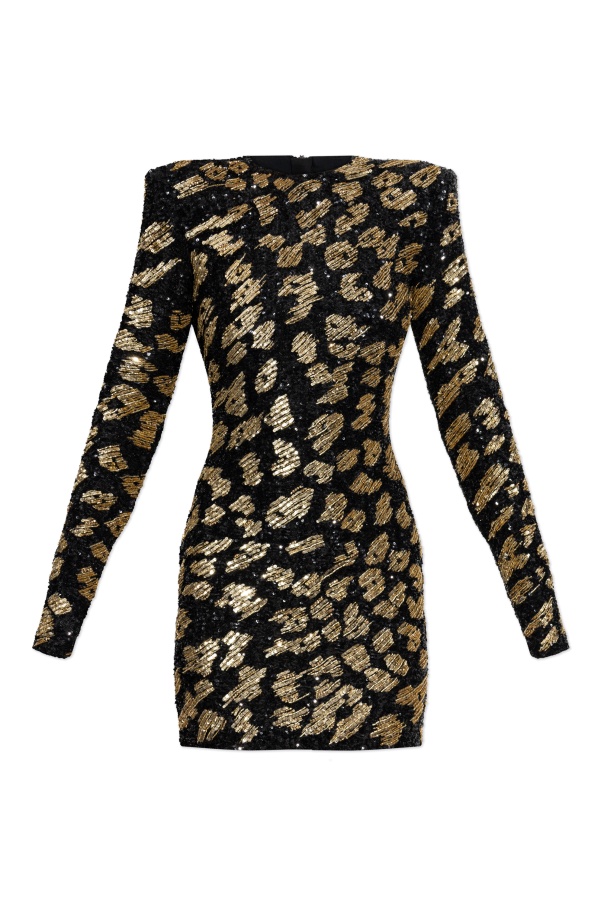 Balmain Sequined Leopard Structured Mini Dress In Brown