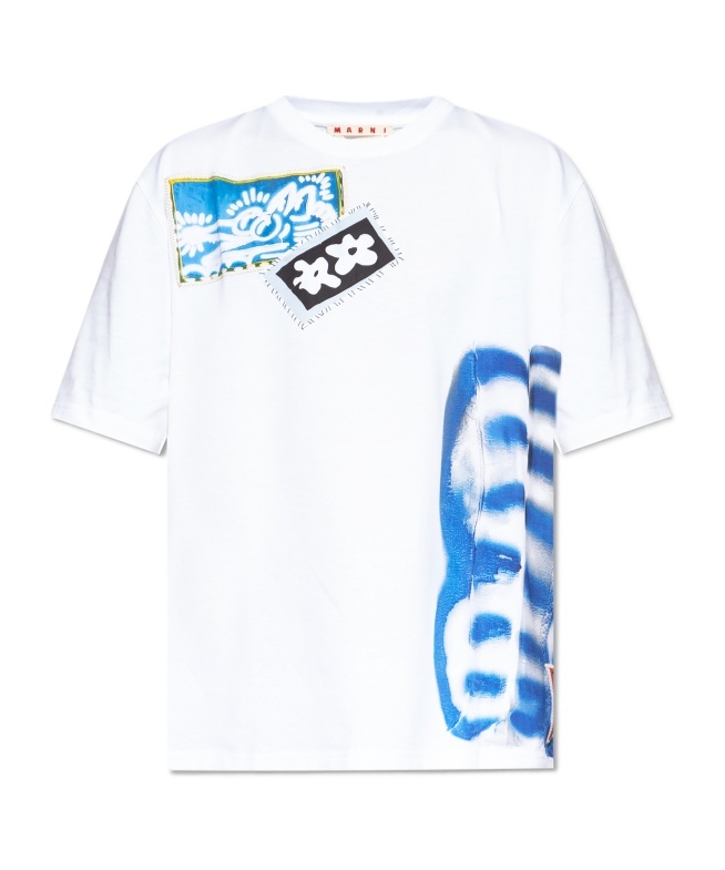 Marni Mens Lily White Mixed Media Patch Cotton-jersey T-shirt In White