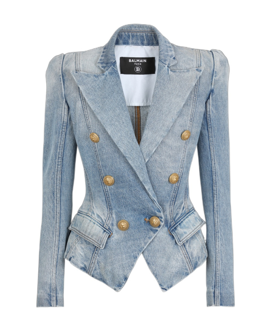 Shop Balmain Slim-fit Faded Denim Tailored Jacket In Gray