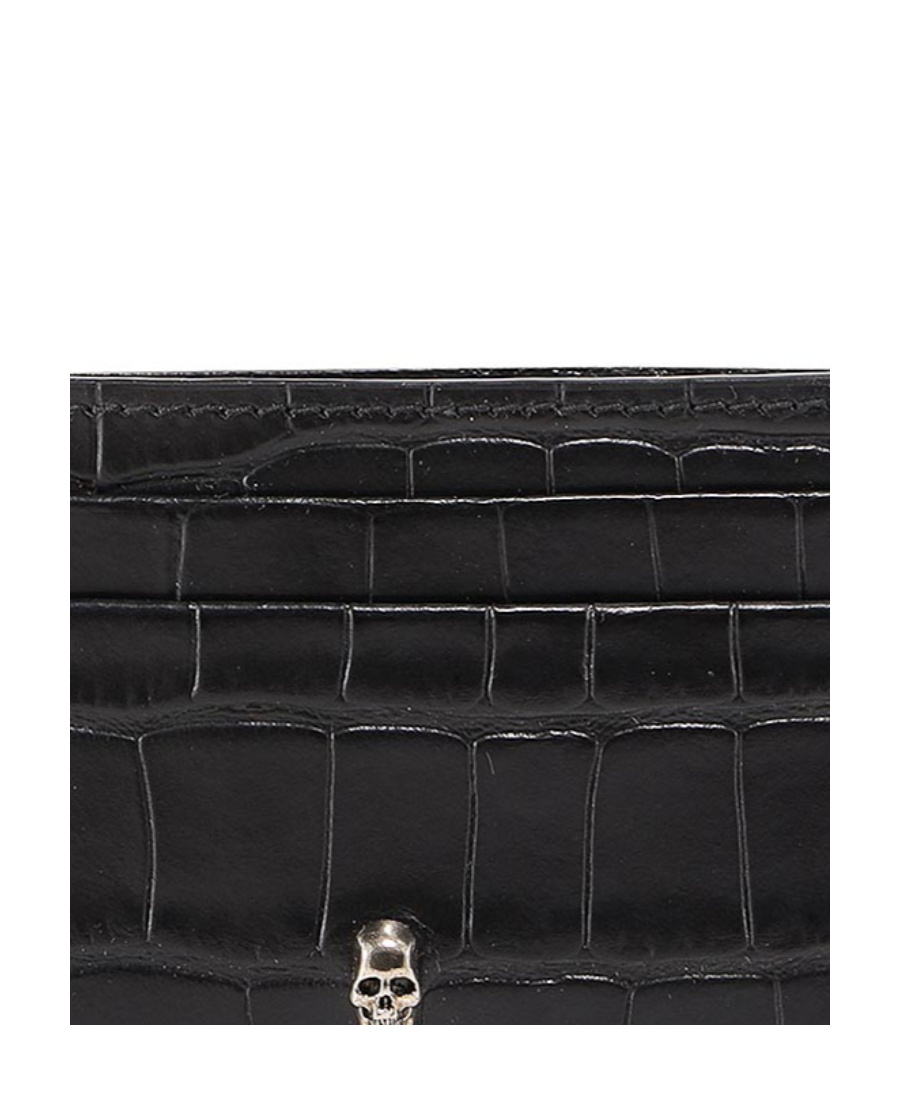 Alexander Mcqueen Black Crocodile Embossed Skull Cardholder In Black
