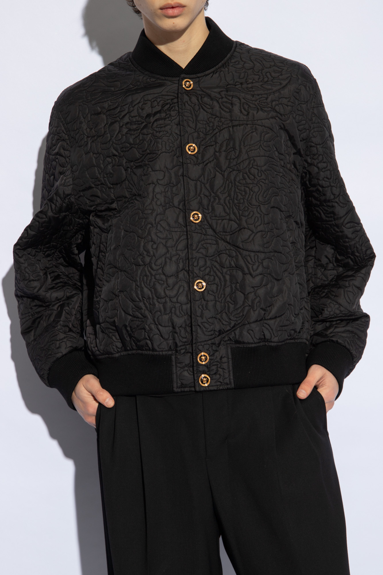 Versace Quilted Barocco Bomber Jacket With Jewel Buttons In Black