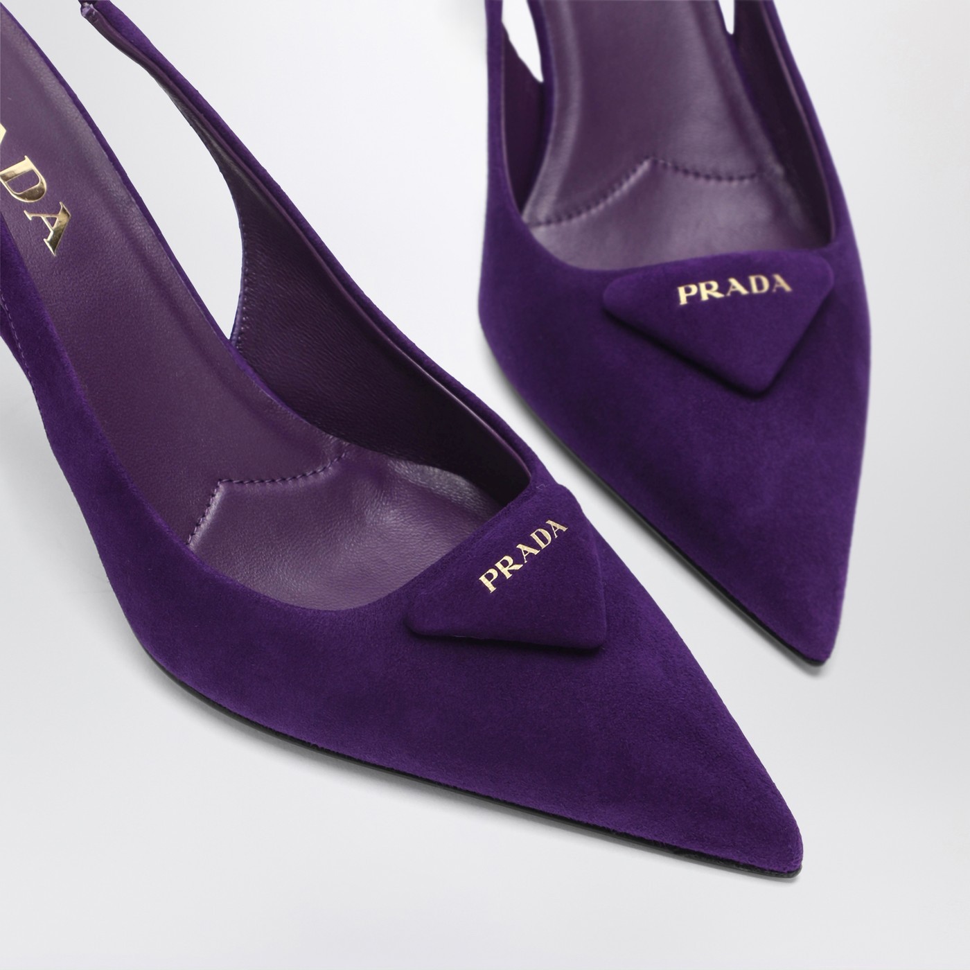 Prada 75 Triangle Logo Slingback Suede Pumps In Purple