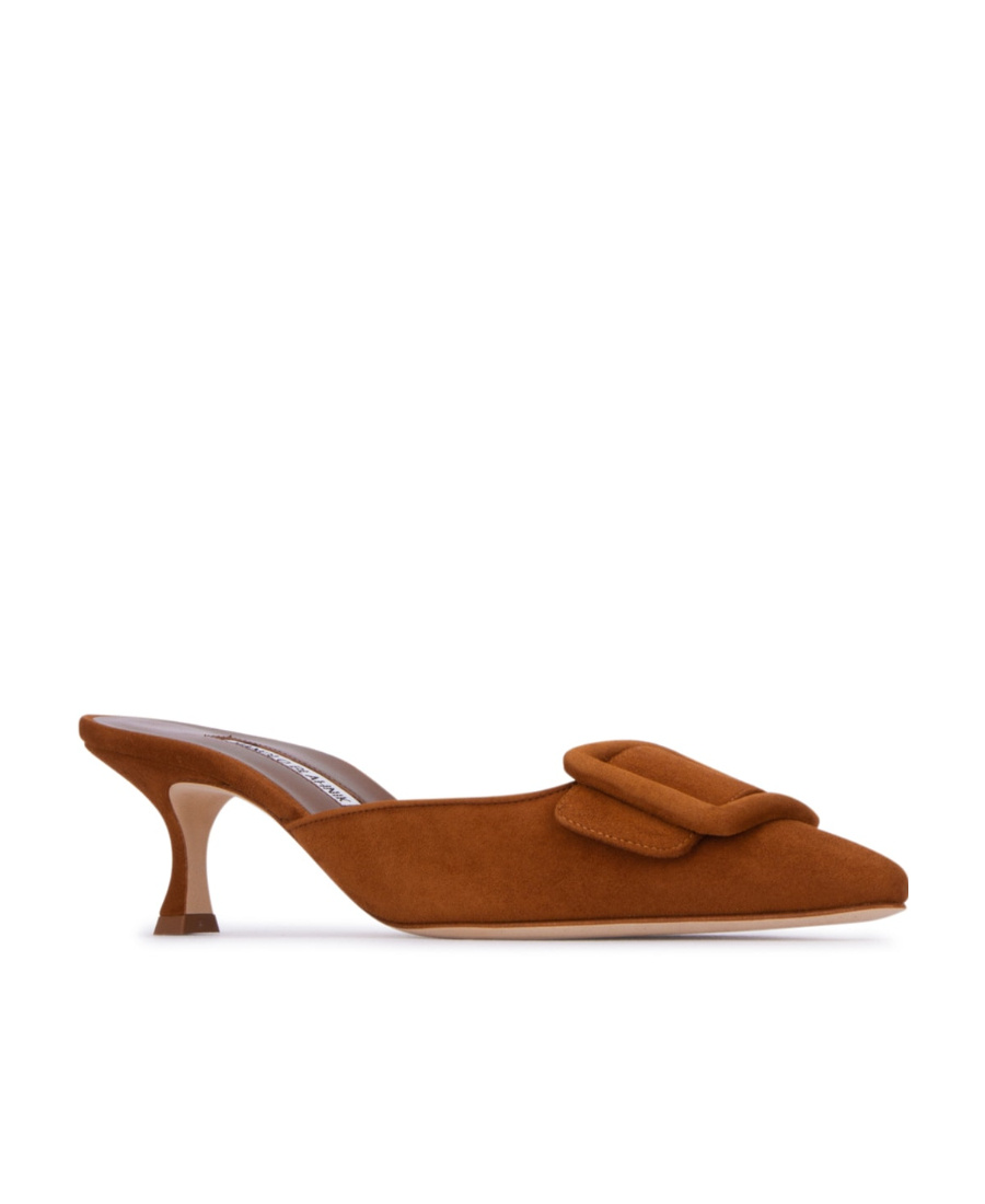 Manolo Blahnik Maysale 50 Buckled Suede Mules In Brown