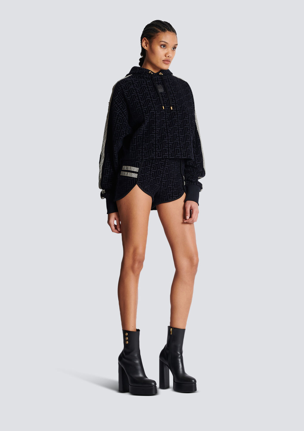 Balmain Monogram-print Cropped Hoodie In Black