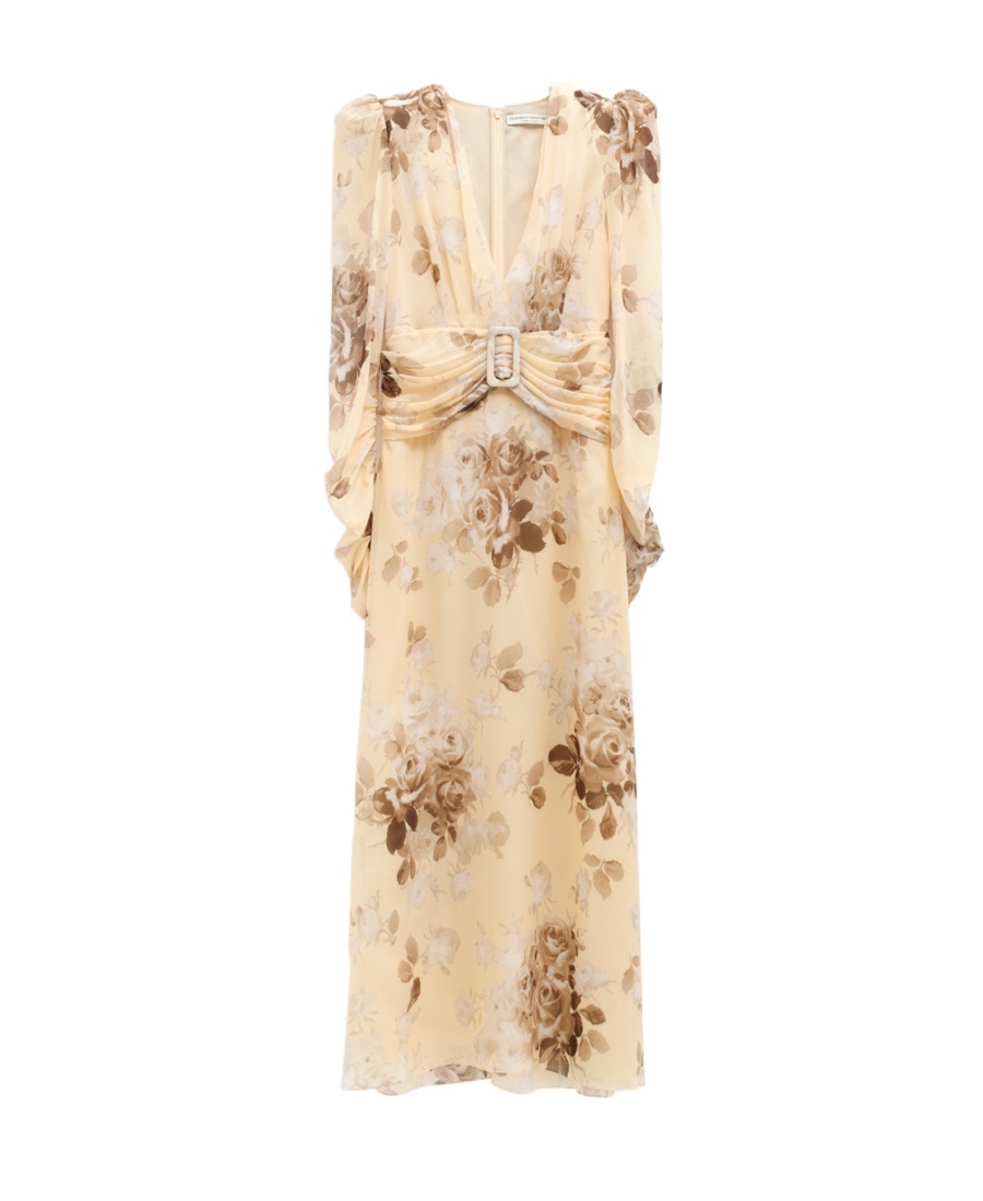Alessandra Rich Floral-print Belted Silk Dress In Nude