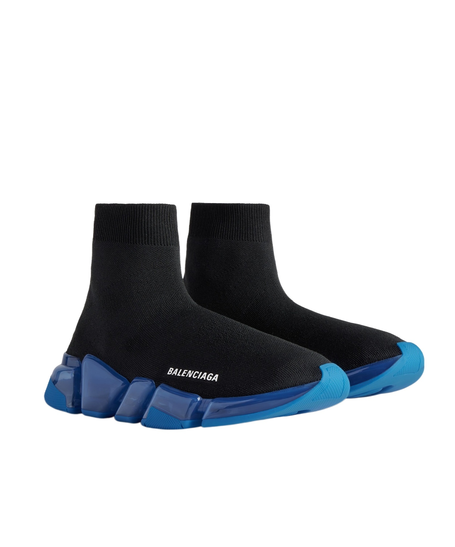 BALENCIAGA MEN'S SPEED 2.0 FULL CLEAR SOLE RECYCLED KNIT SNEAKER IN BLACK/BLUE