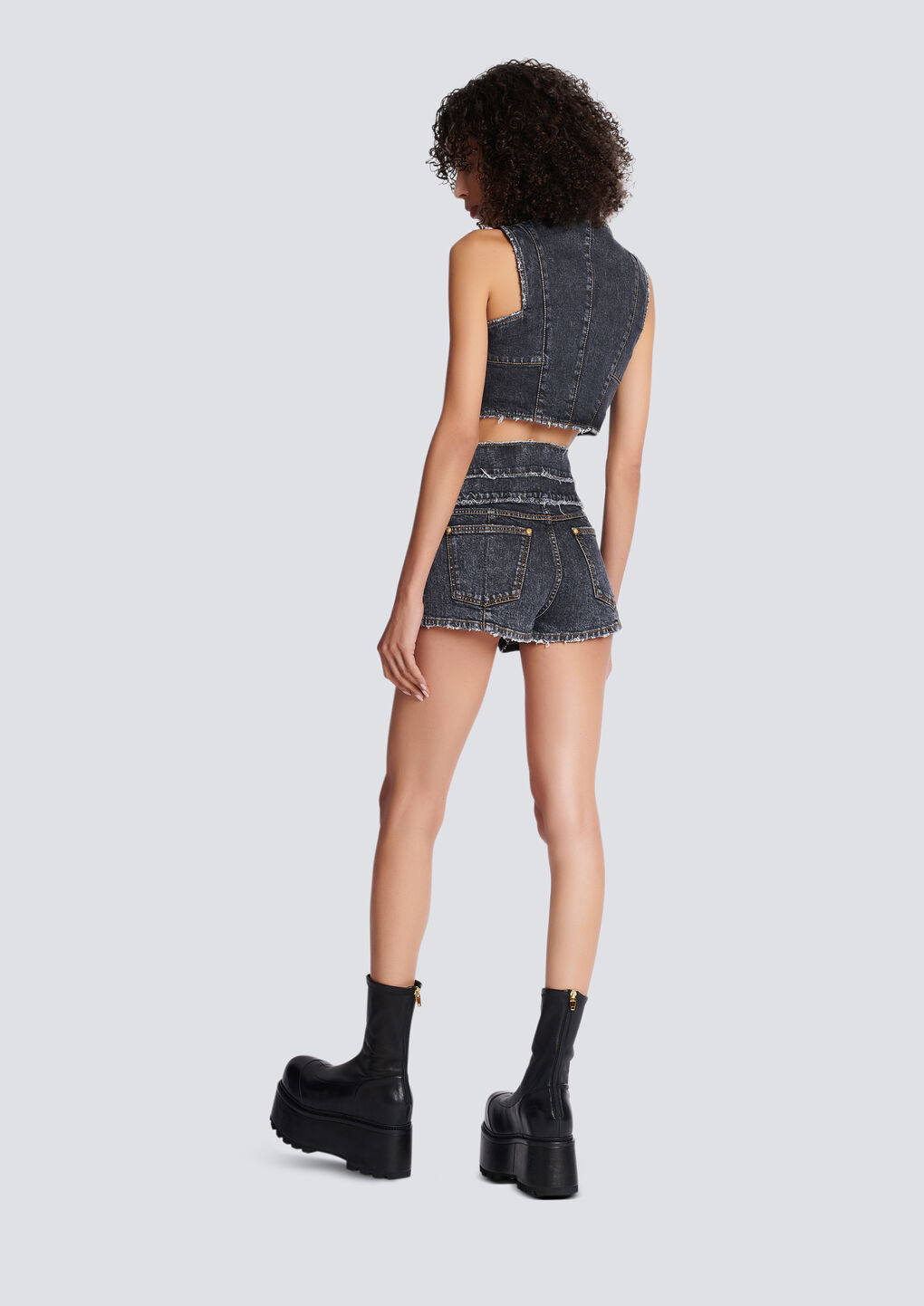 Balmain Denim High Waist Shorts With Front Zip Pockets In Gray