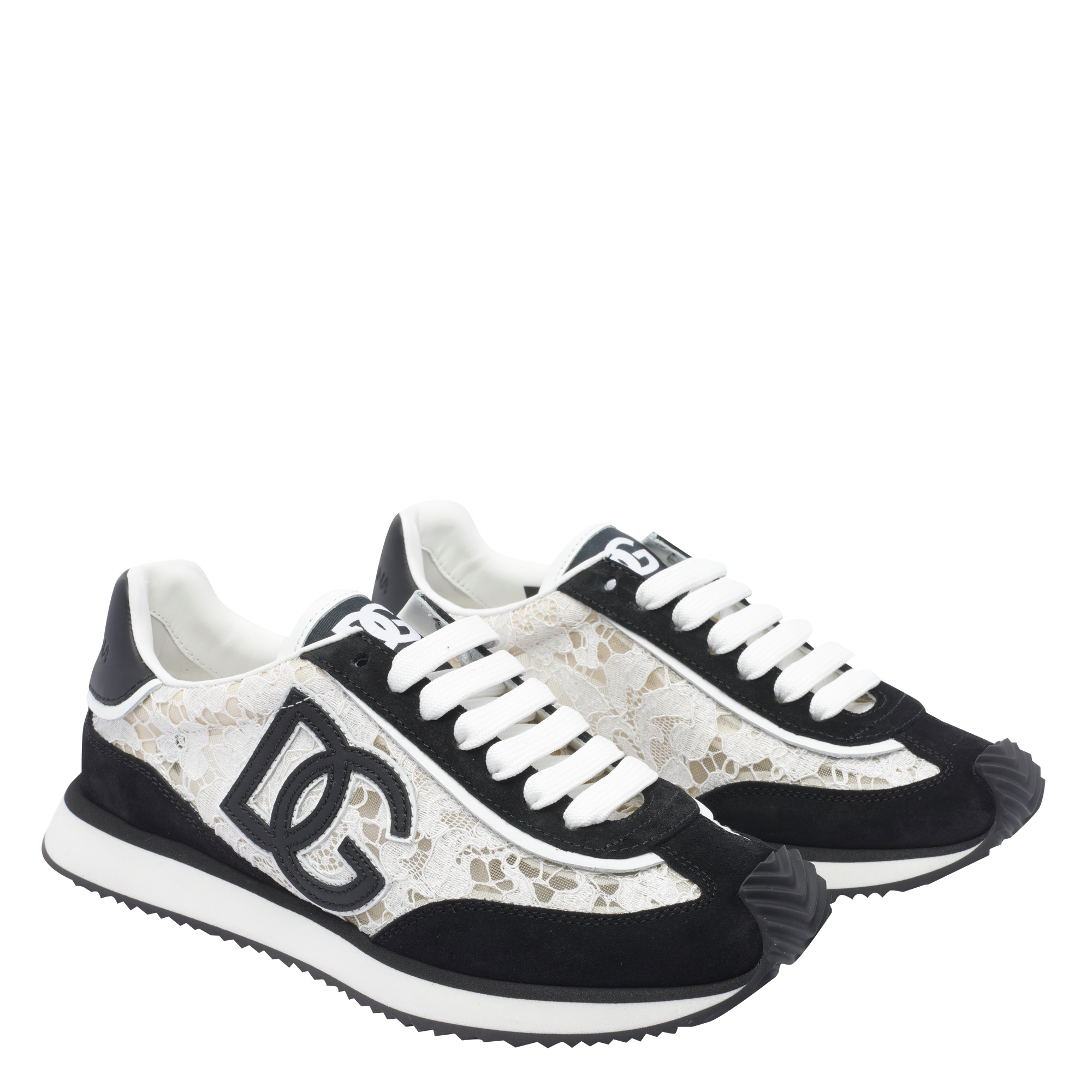 Dolce & Gabbana Black And White Low Top With Lace Details And Dg Patch On The Side In Black