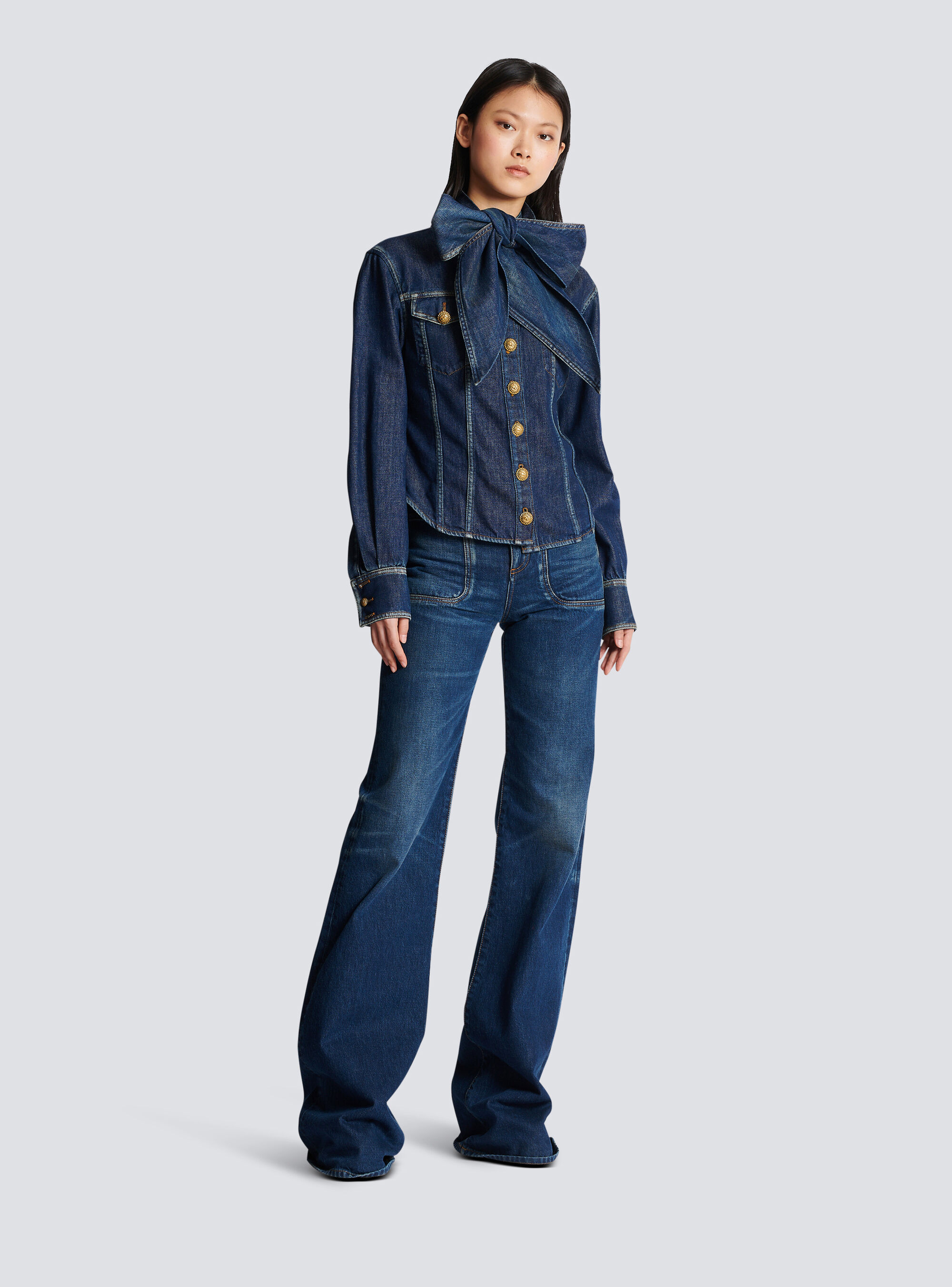 Balmain Pussy-bow Denim Shirt In Blue