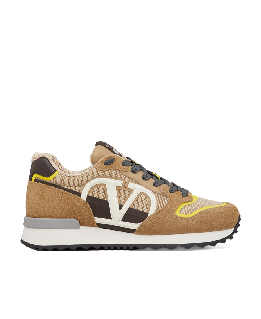 Shop Valentino Vlogo Pace Low-top Sneaker In Split Leather, Fabric And Calf Leather In Brown