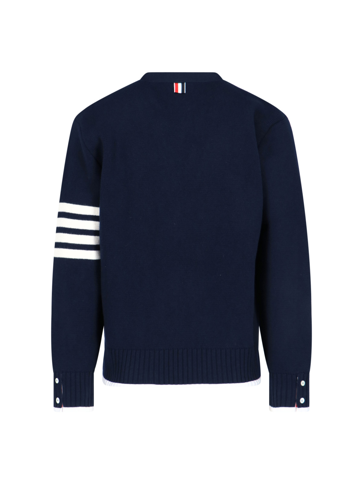 Thom Browne Blue Cardigan With V Neck And Maxi Logo On The Sleeve