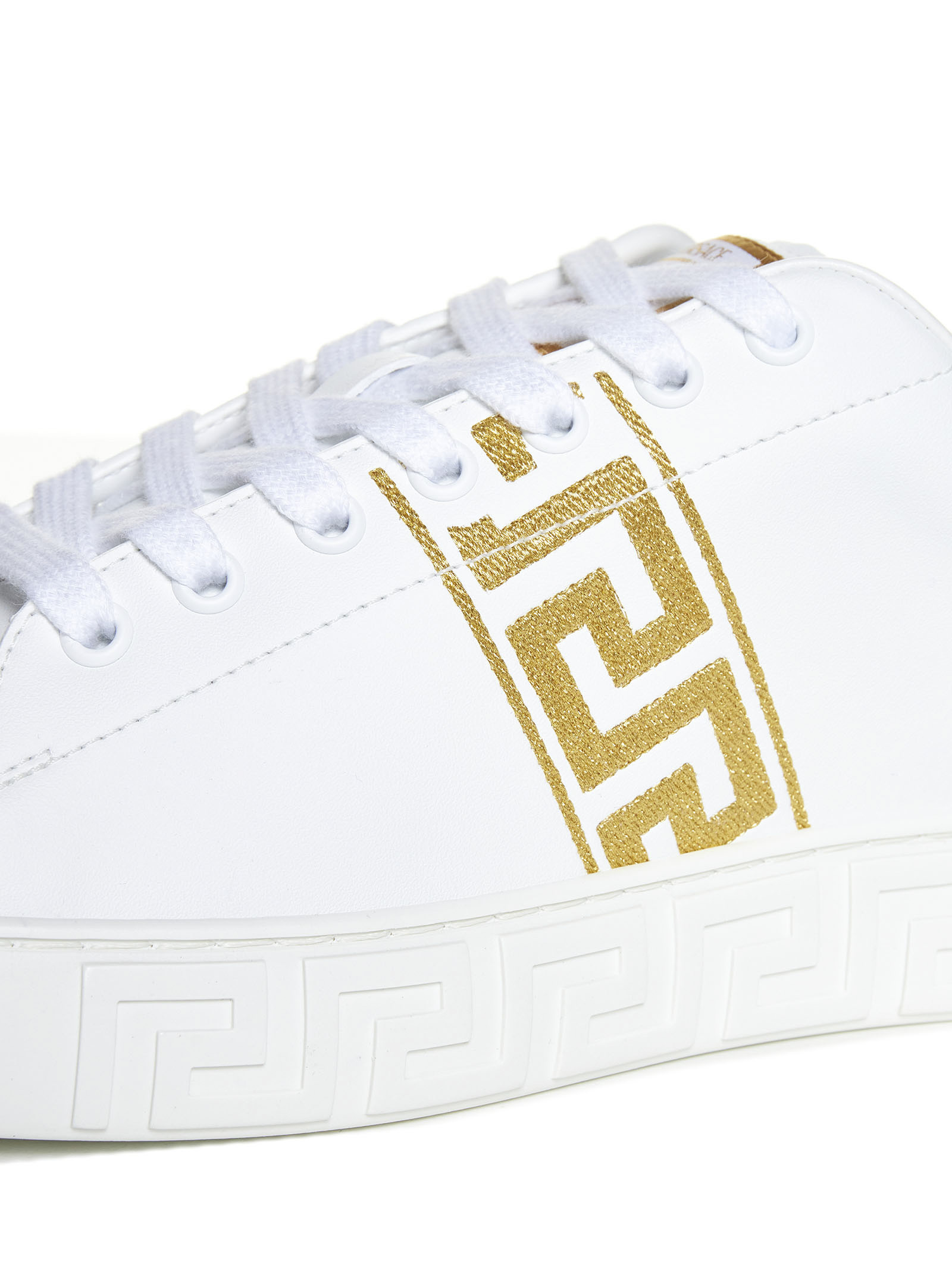 Versace Leather Sneakers Greca Embroidered Detail Gold Accents In White