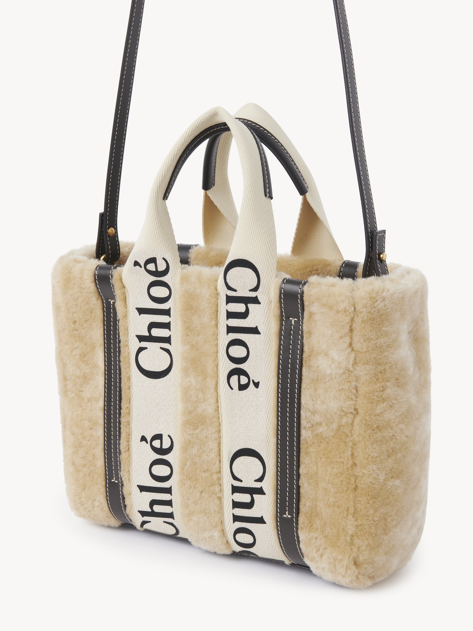 Chloé Small Woody Tote Bag In Shearling In Brown