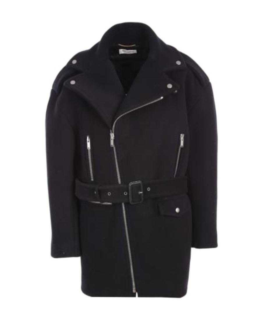 Saint Laurent Zip-up Belted Coat In Black