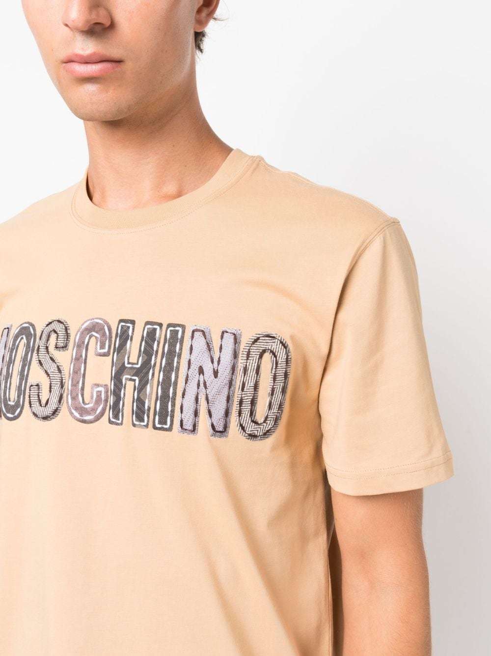 Moschino Organic Cotton Crew Neck T-shirt With Logo Patch In Nude