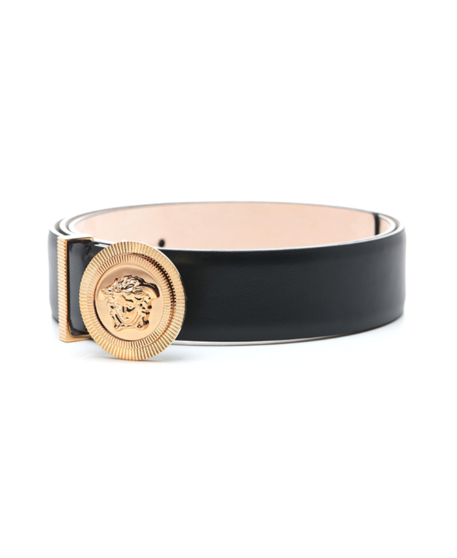 Versace Medusa Buckle Leather Belt In Nude