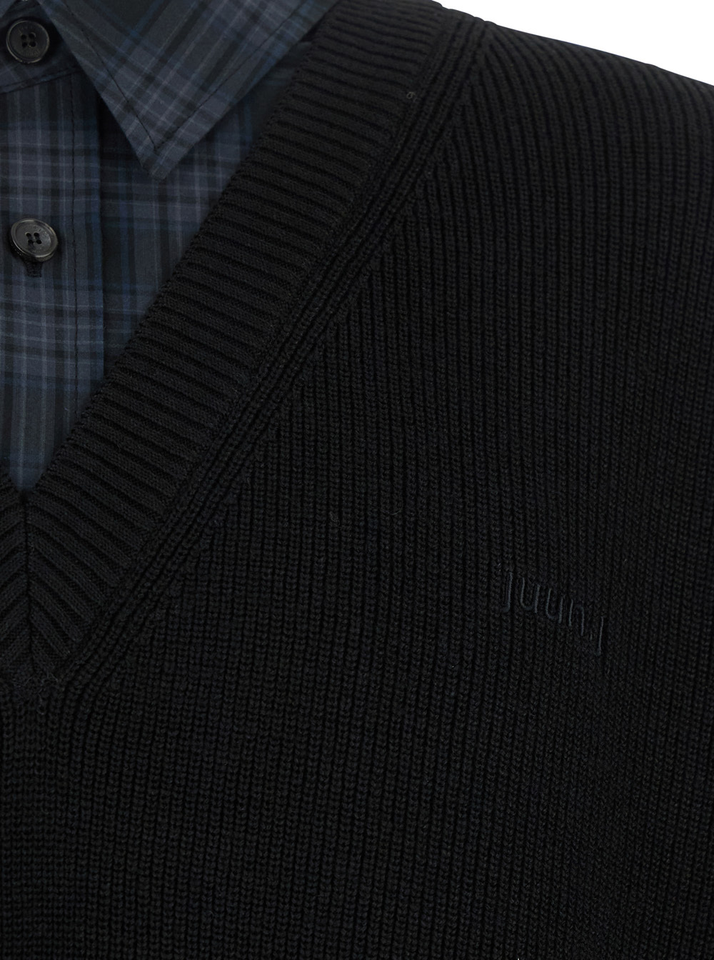 Juunj Check Shirts Layered V-neck Sweater In Black