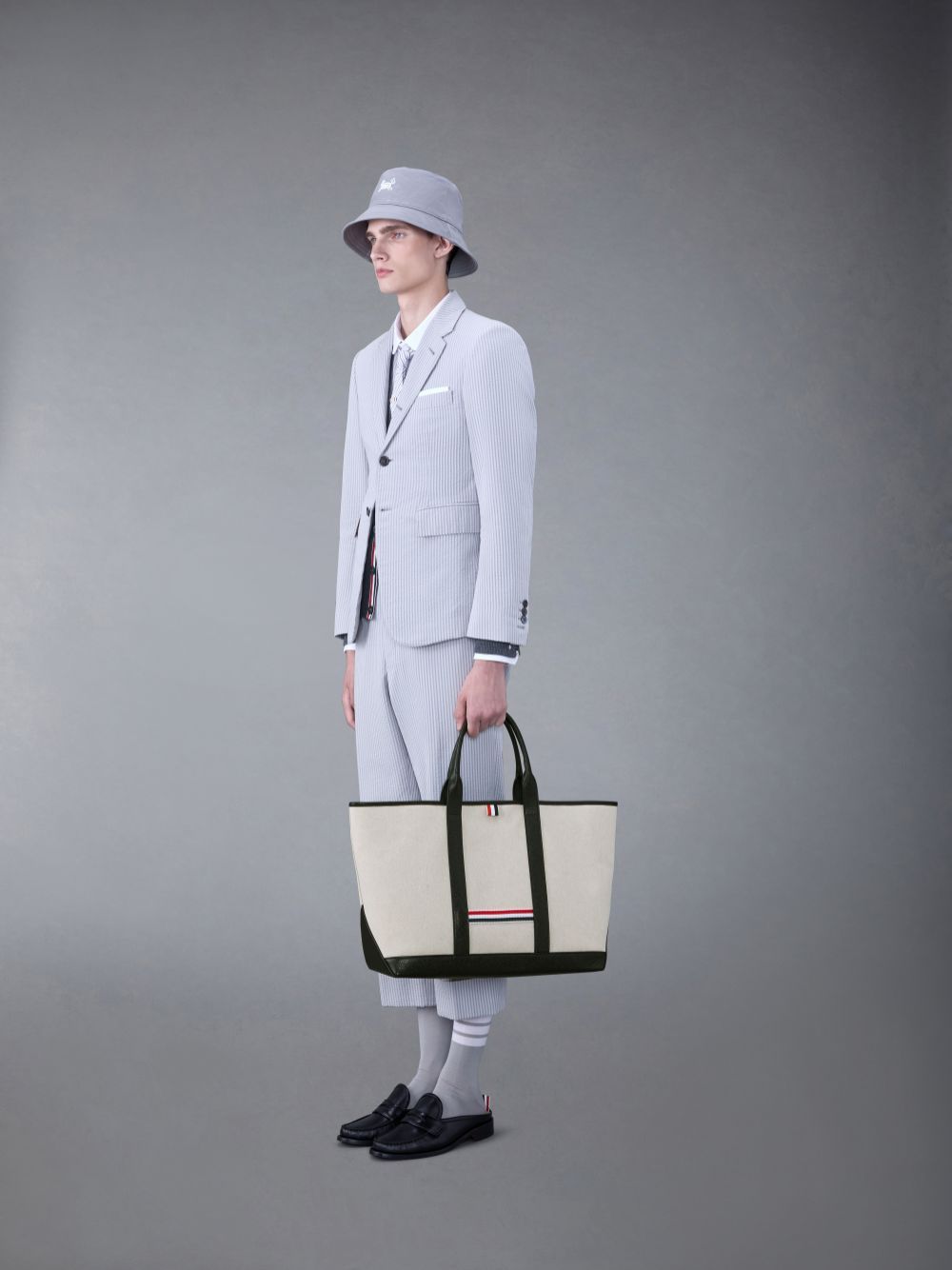 Thom Browne Medium Rwb-stripe Tote Bag In Gray