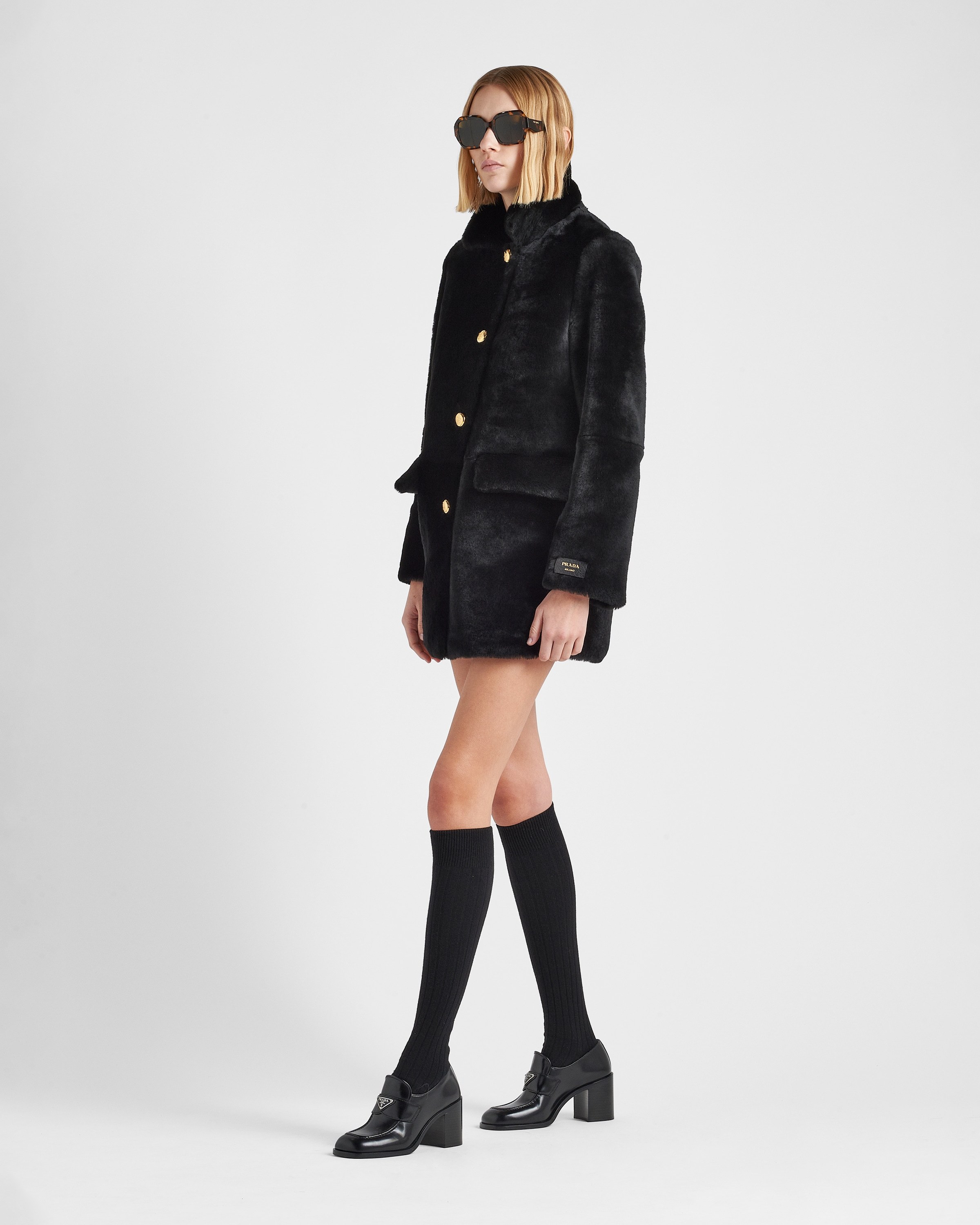 Prada Shearling Fur Coat In Black