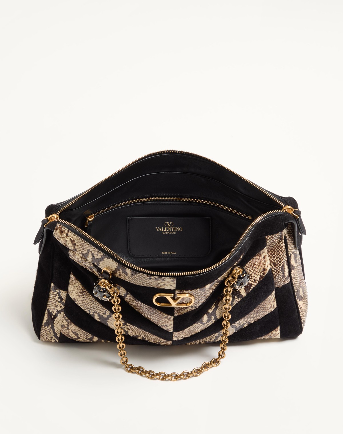 Valentino Garavani Panthea Python And Suede Chevron Motif Shoulder Bag In Black