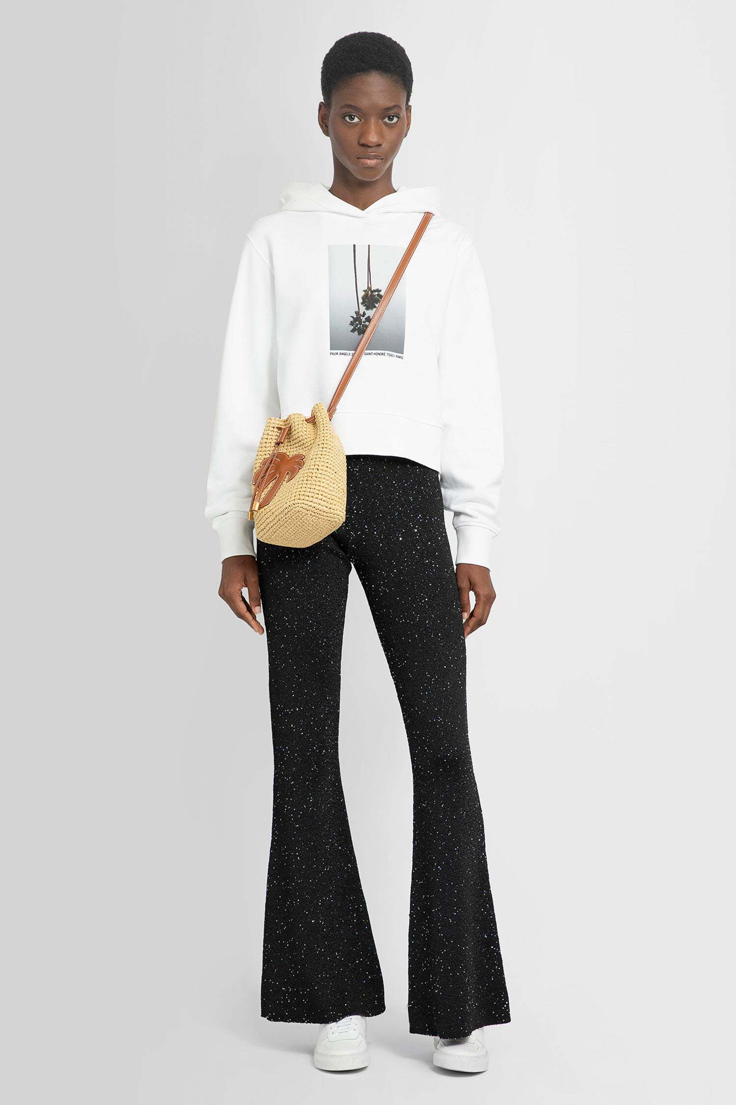 Palm Angels White Cropped Hoodie And Contrasting Print In White