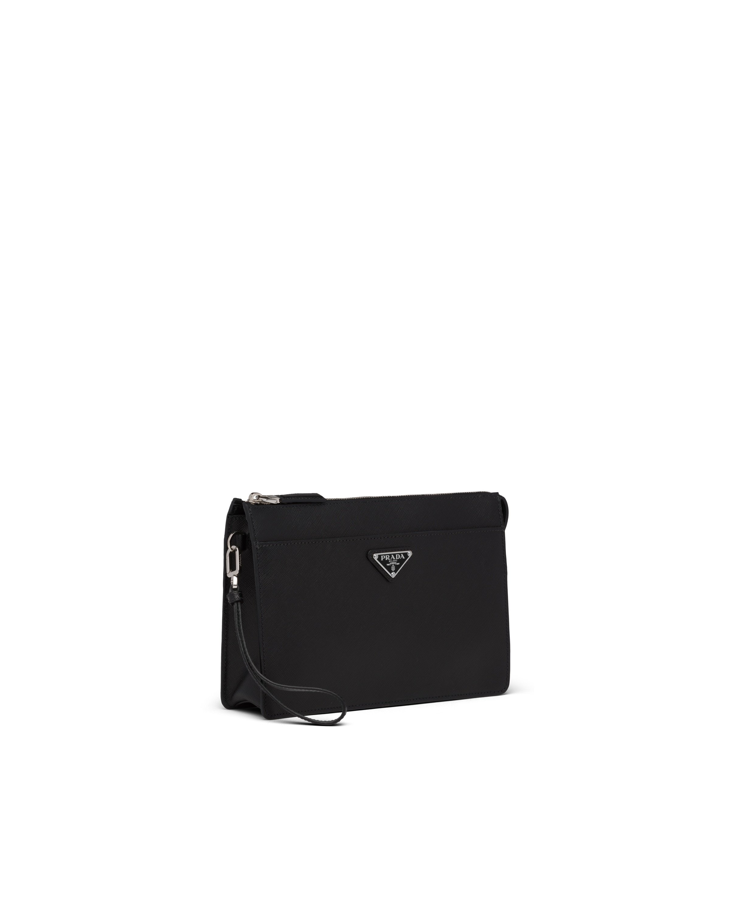 Prada Mens Black Logo-plaque Saffiano-leather Pouch In Black
