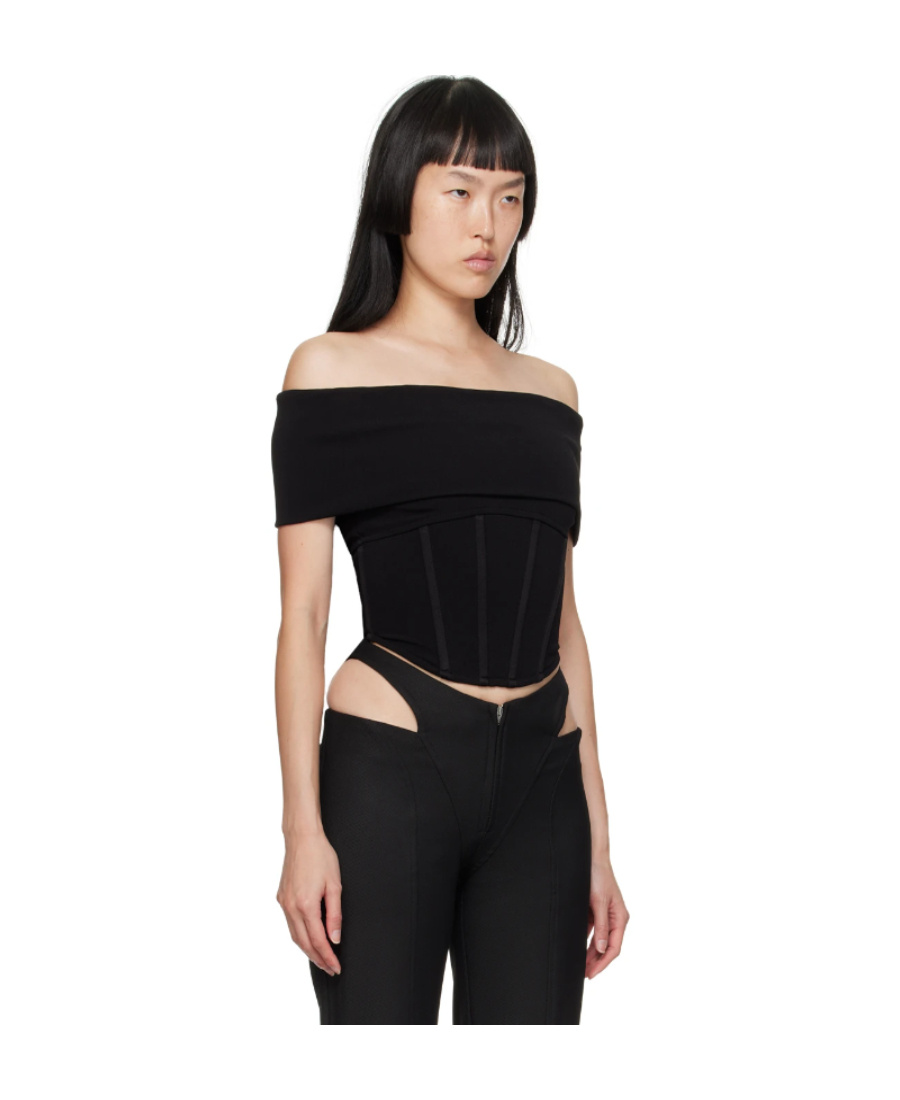 Misbhv Fitted Off-the-shoulder Textured Corset Top In Black