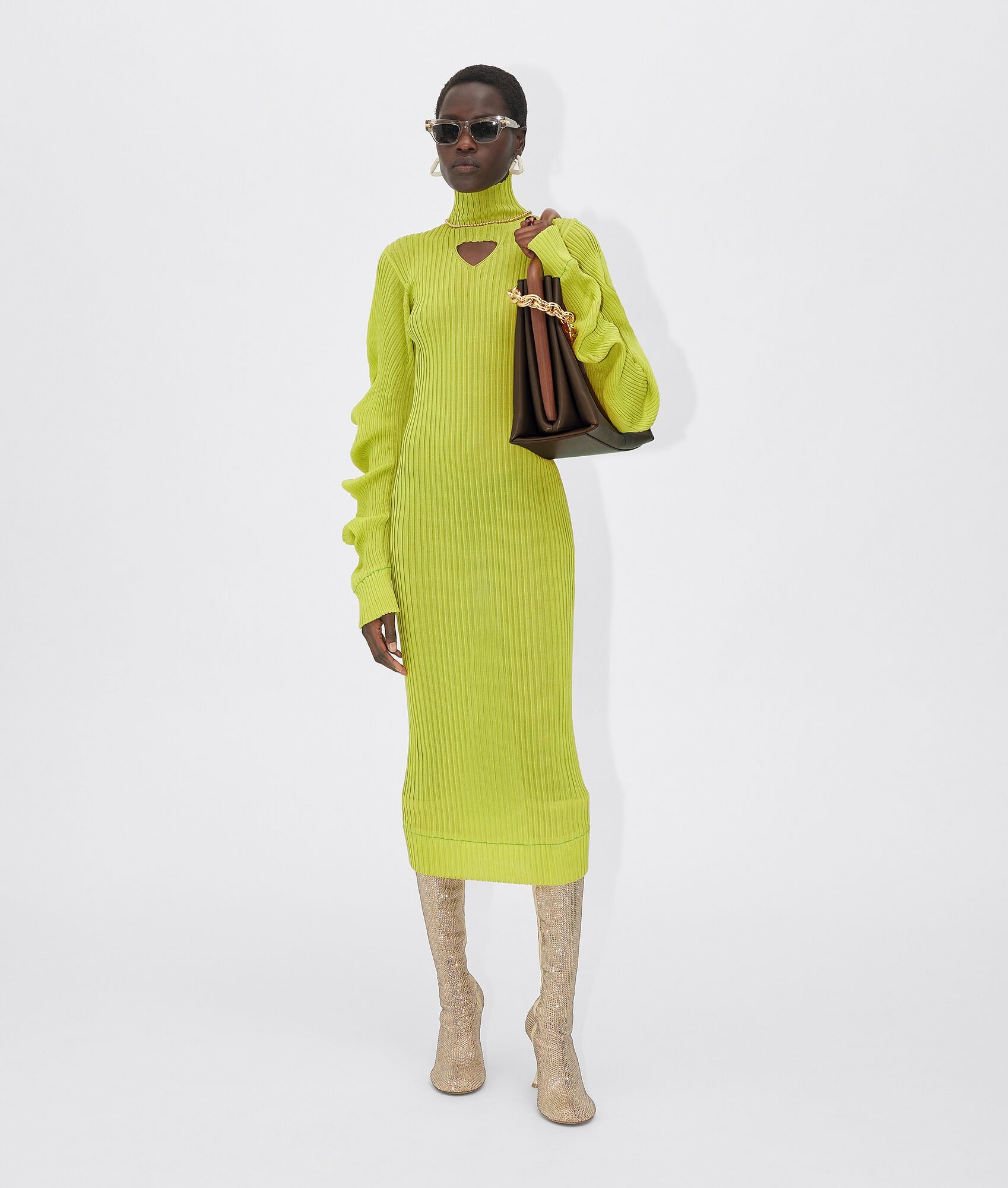 Bottega Veneta Turtleneck Cut-out Rib-knit Dress In Green